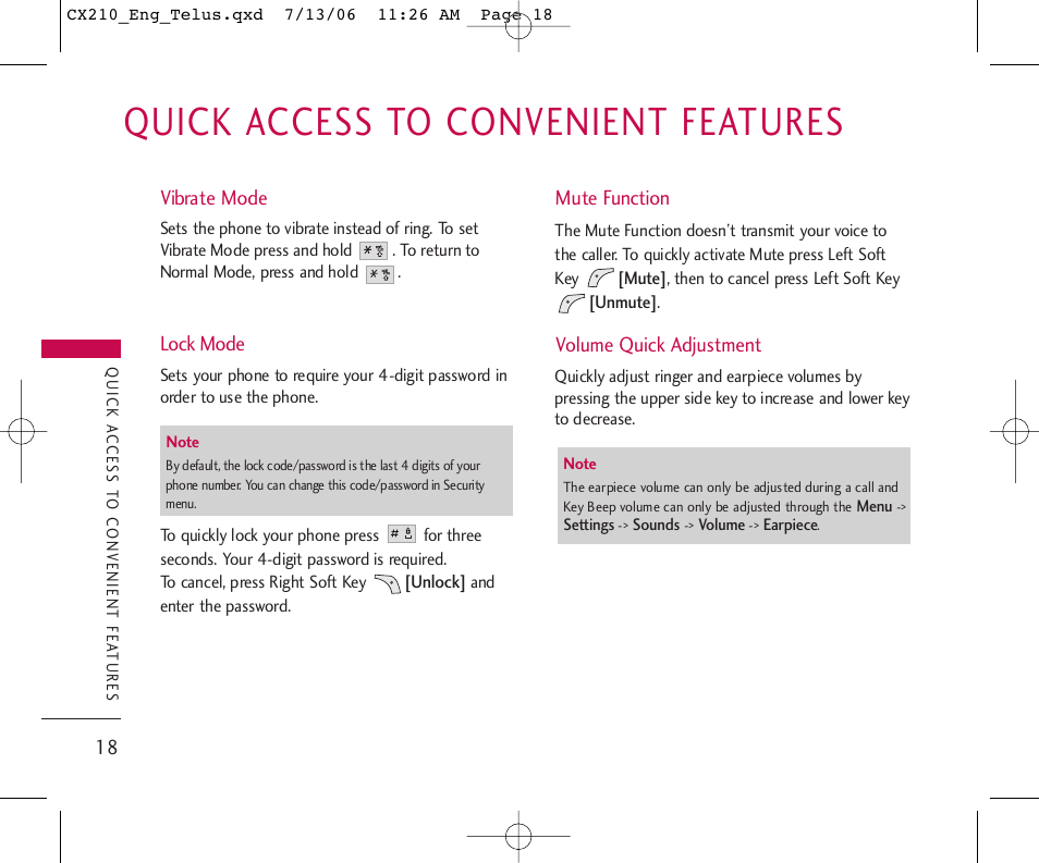 Quick access to convenient features | LG 210 User Manual | Page 19 / 72