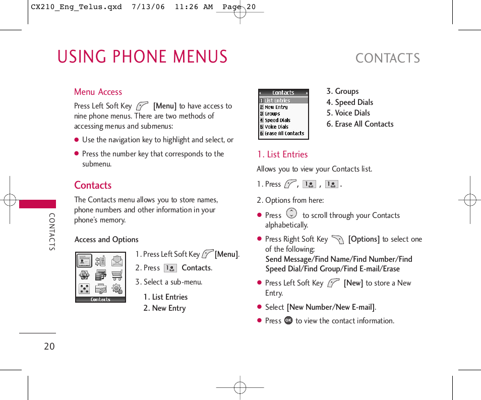 Using phone menus, Contacts | LG 210 User Manual | Page 21 / 72