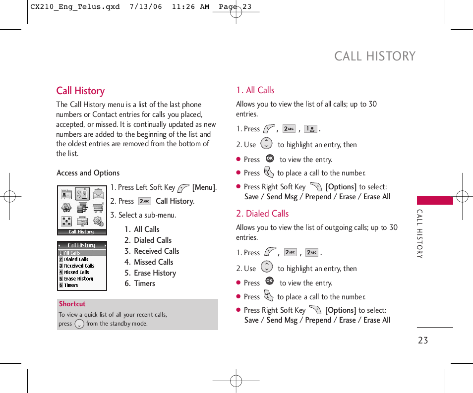 Call history | LG 210 User Manual | Page 24 / 72
