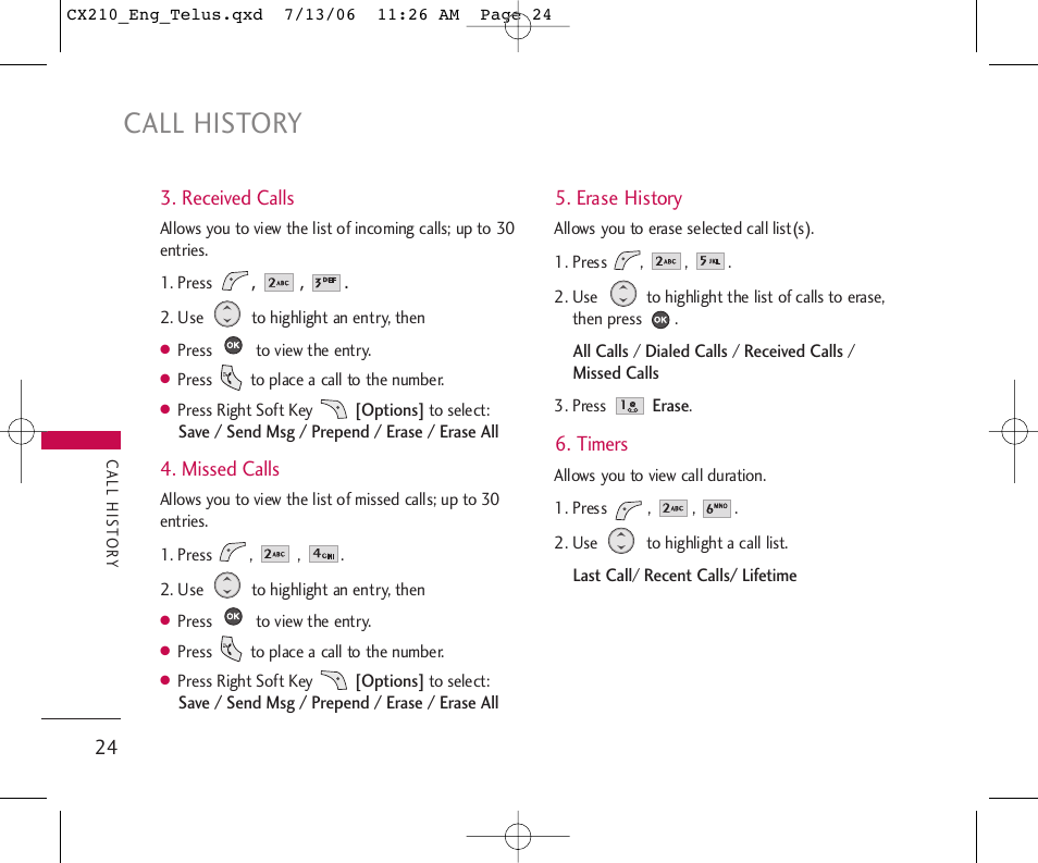 Call history | LG 210 User Manual | Page 25 / 72