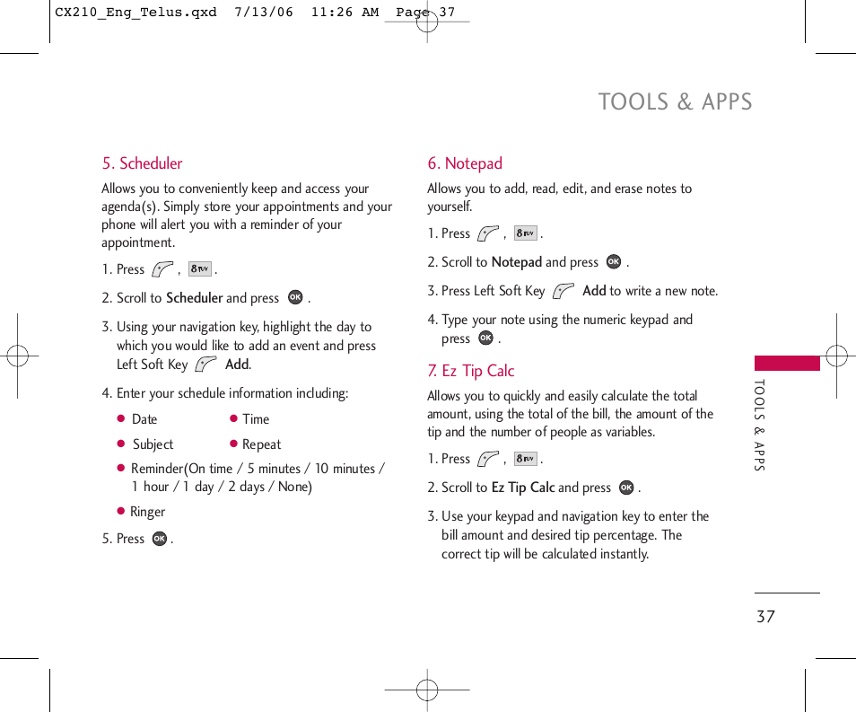 Tools & apps | LG 210 User Manual | Page 38 / 72