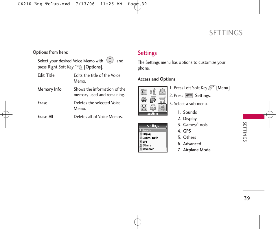 Settings | LG 210 User Manual | Page 40 / 72