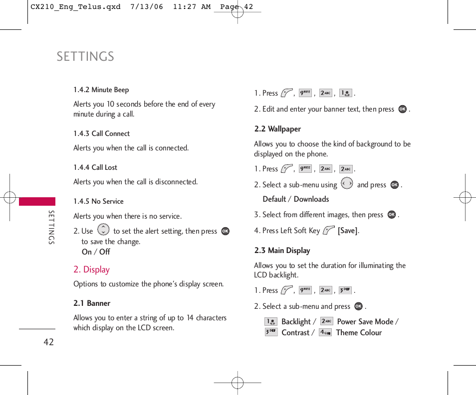 Settings | LG 210 User Manual | Page 43 / 72