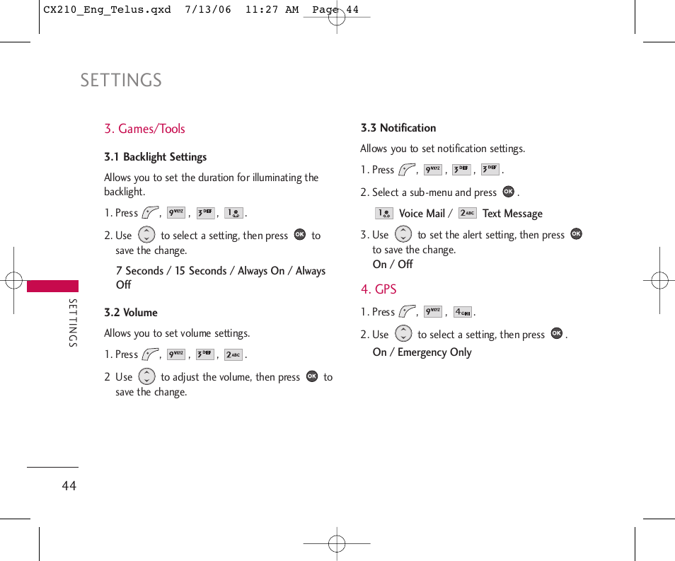 Settings | LG 210 User Manual | Page 45 / 72