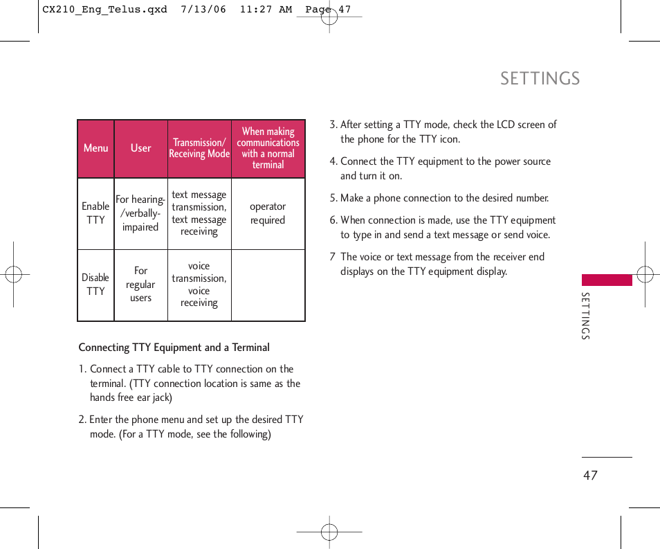 Settings | LG 210 User Manual | Page 48 / 72
