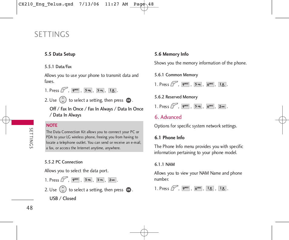 Settings | LG 210 User Manual | Page 49 / 72
