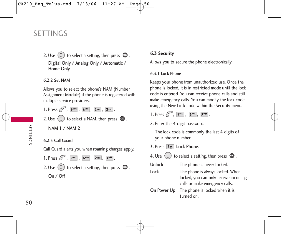 Settings | LG 210 User Manual | Page 51 / 72