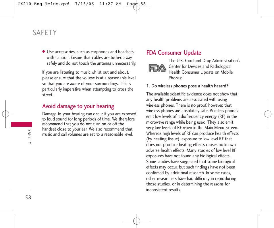 Safety, Avoid damage to your hearing, Fda consumer update | LG 210 User Manual | Page 59 / 72