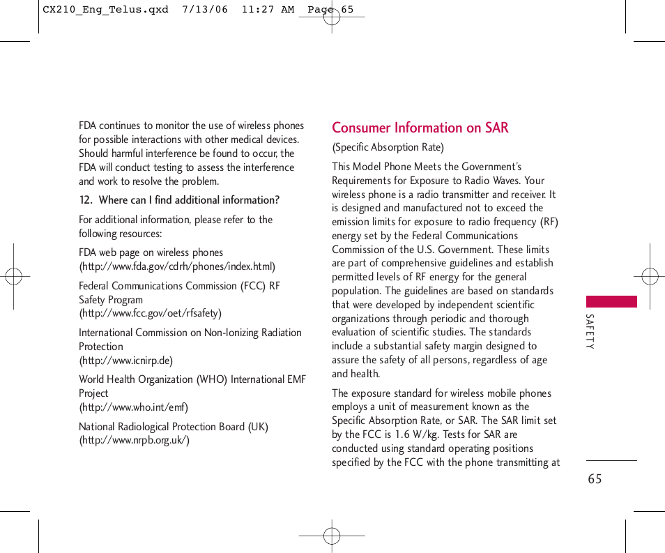 Consumer information on sar | LG 210 User Manual | Page 66 / 72