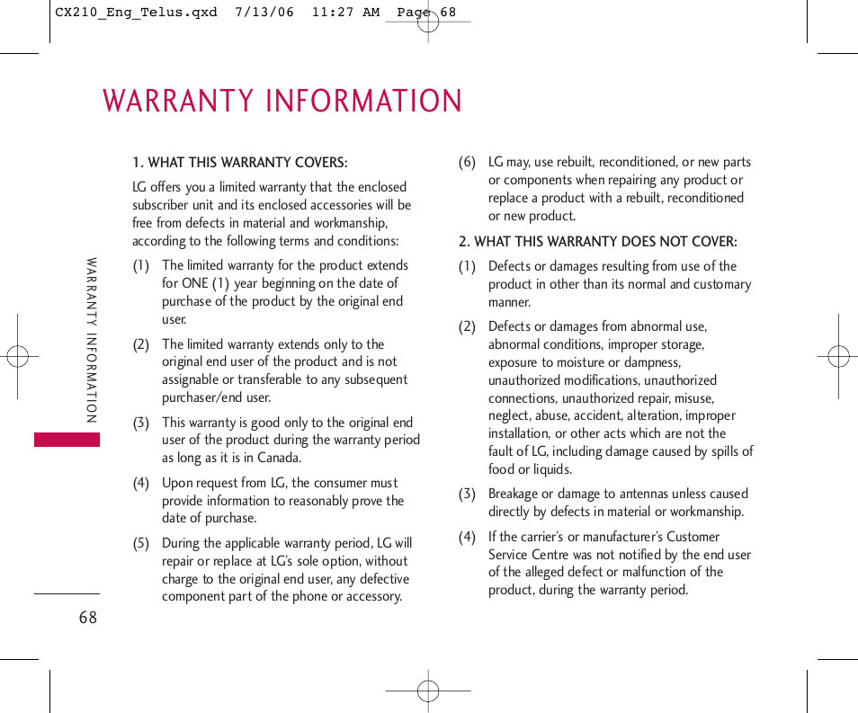 Warranty information | LG 210 User Manual | Page 69 / 72
