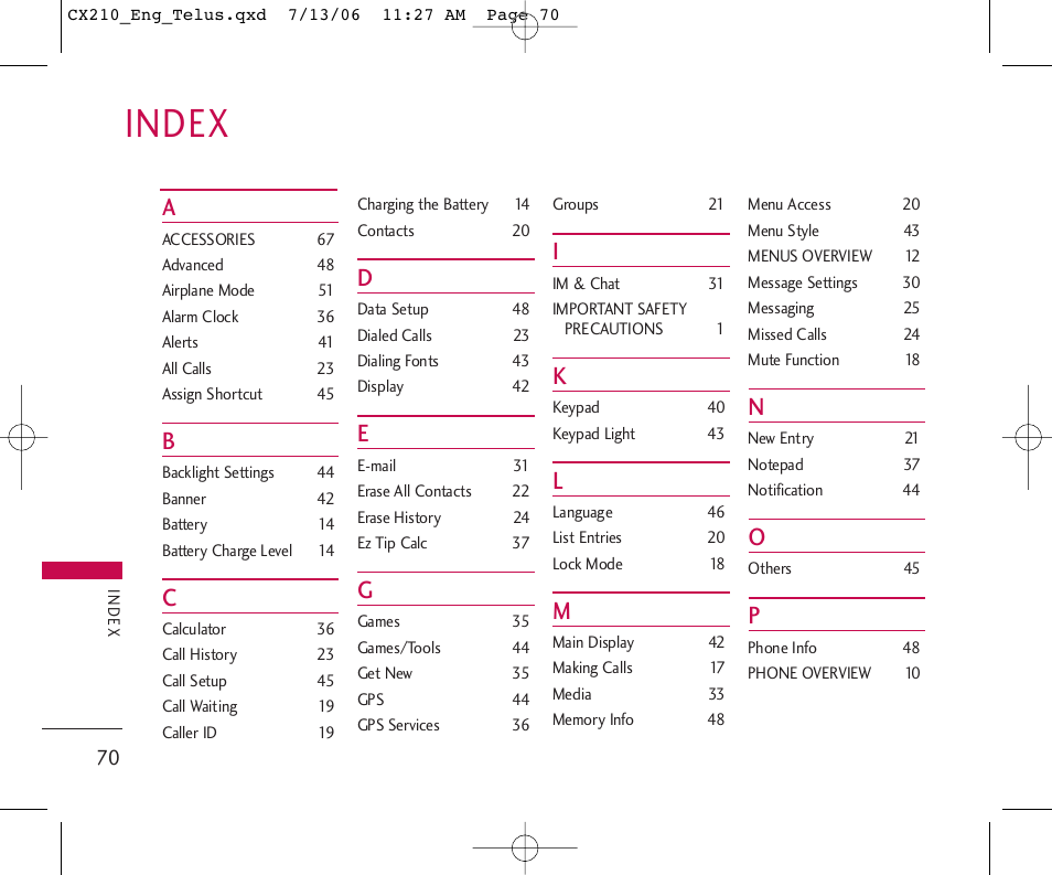 Index | LG 210 User Manual | Page 71 / 72