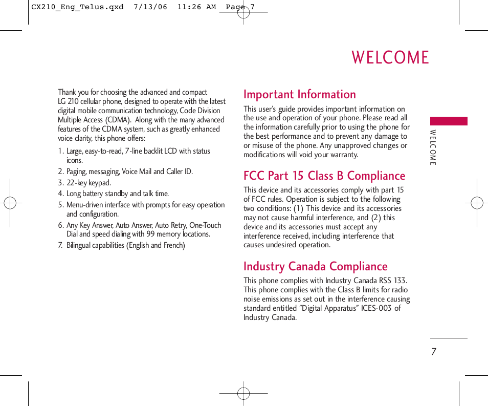 Welcome, Important information, Fcc part 15 class b compliance | Industry canada compliance | LG 210 User Manual | Page 8 / 72