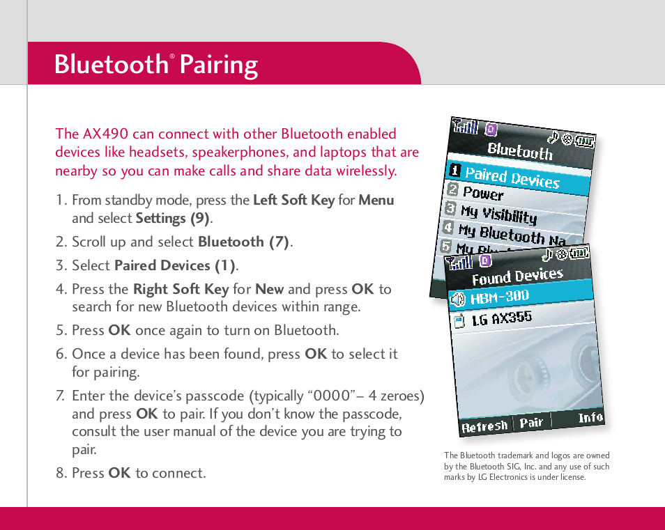 Bluetooth, Pairing | LG AX490 User Manual | Page 5 / 8