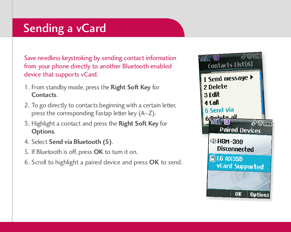 Sending a vcard | LG AX490 User Manual | Page 6 / 8