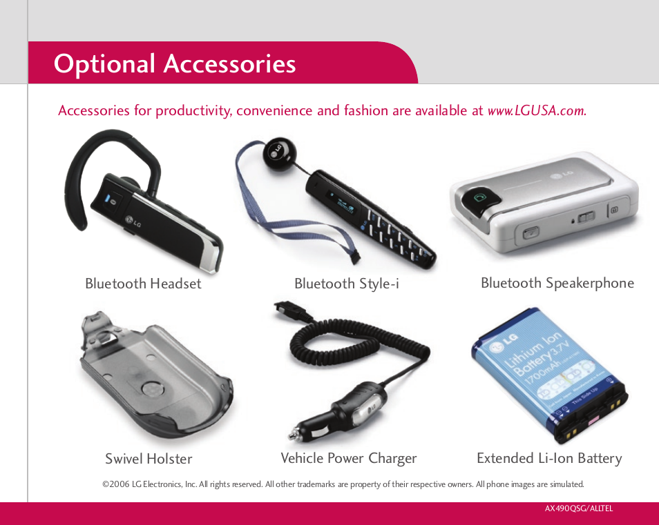 Optional accessories | LG AX490 User Manual | Page 8 / 8