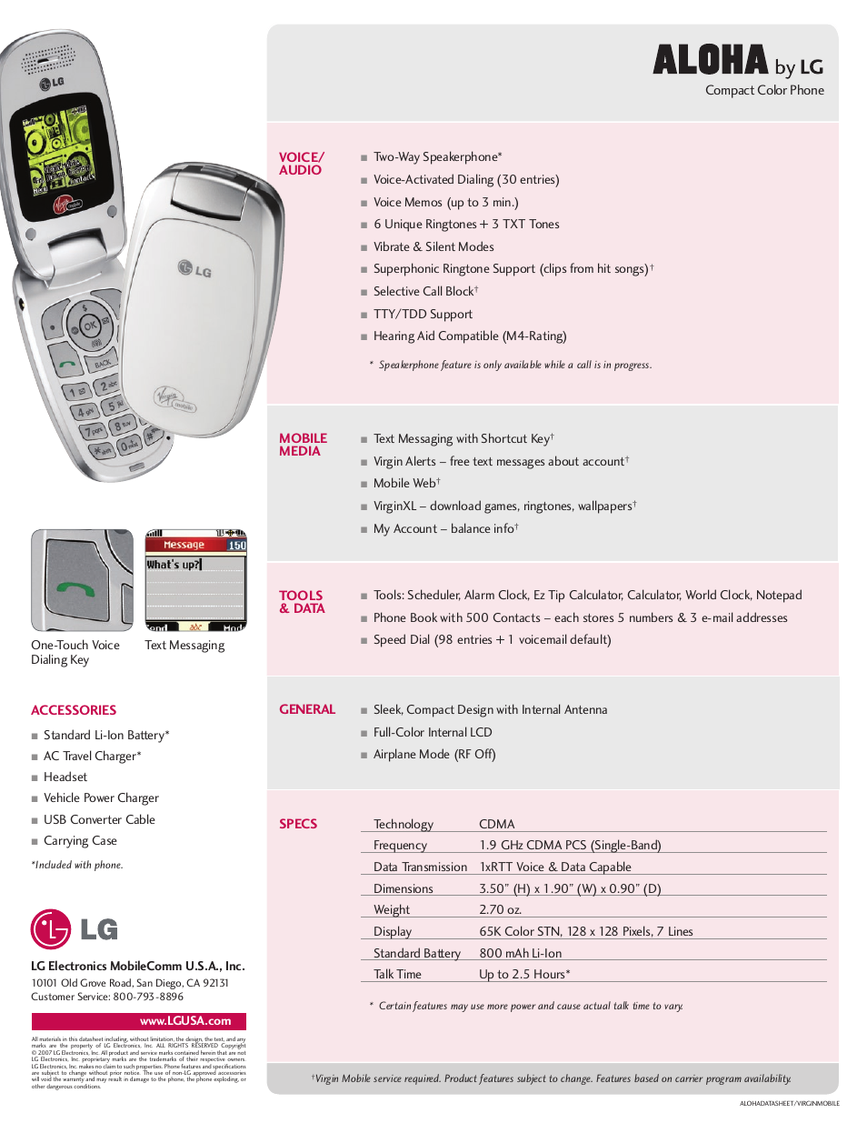 Compact color phone, Accessories | LG Aloha User Manual | Page 2 / 2