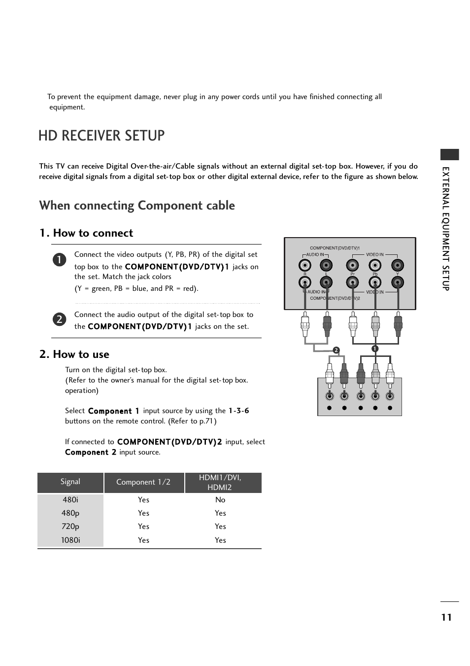 Hd receiver setup, When connecting component cable, How to connect | How to use | LG 26LH1DC1 User Manual | Page 11 / 84