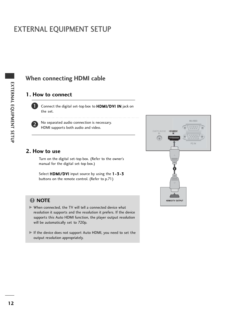 External equipment setup, When connecting hdmi cable, How to connect 2. how to use | LG 26LH1DC1 User Manual | Page 12 / 84
