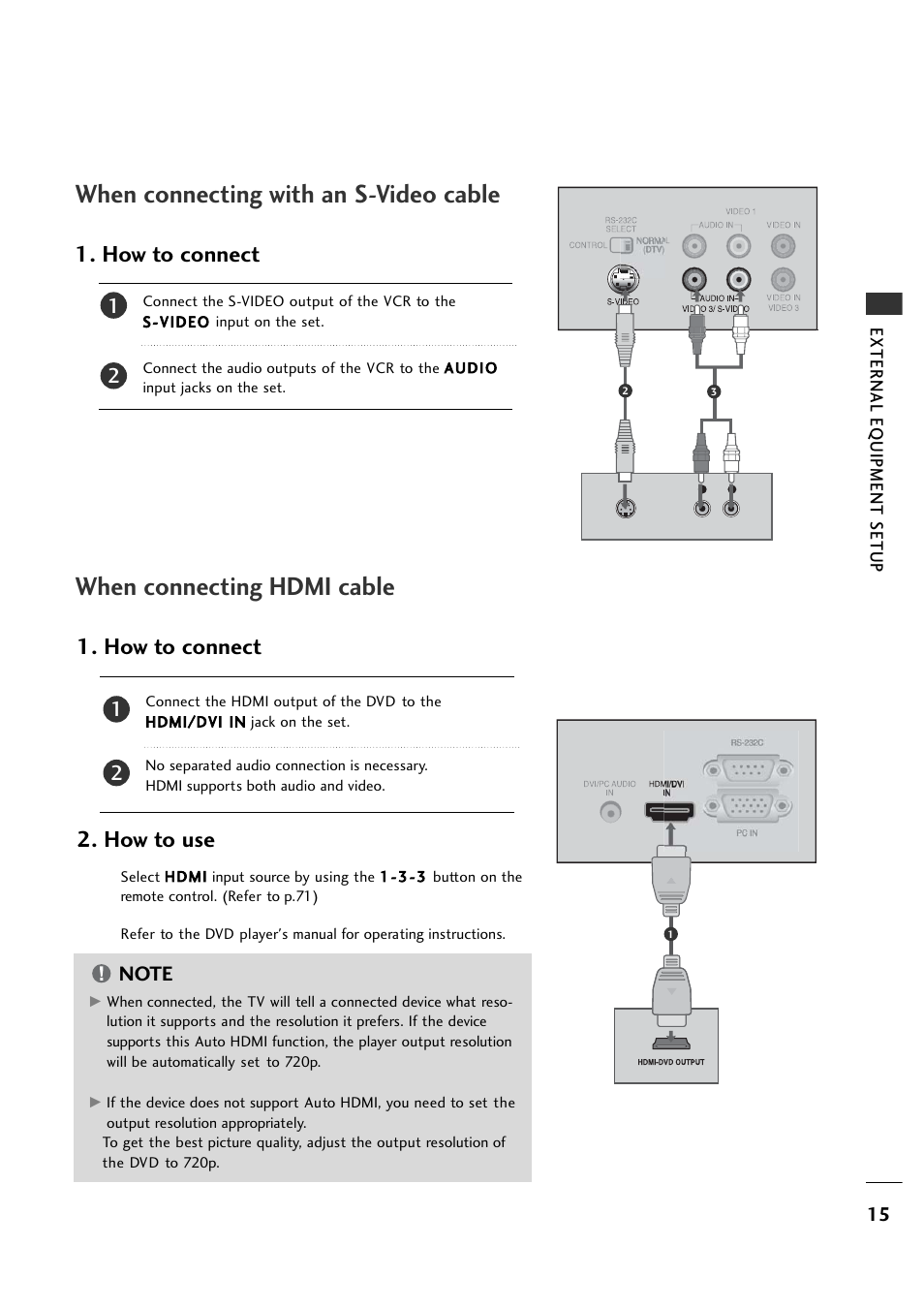 When connecting with an s-video cable, When connecting hdmi cable, How to connect | How to connect 2. how to use | LG 26LH1DC1 User Manual | Page 15 / 84