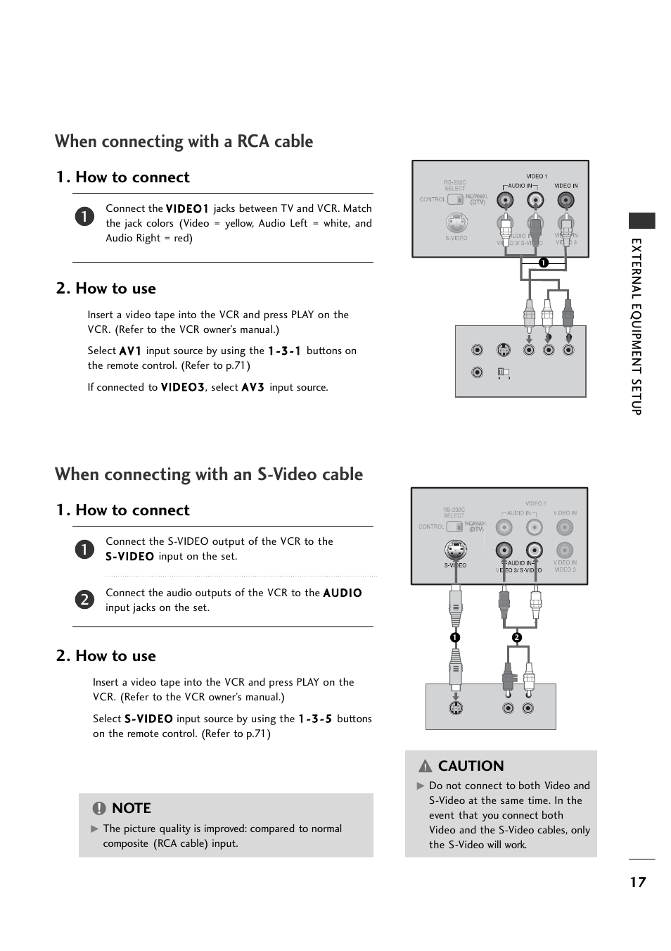 When connecting with a rca cable, When connecting with an s-video cable, How to connect 2. how to use | Caution, External eq uipment setup | LG 26LH1DC1 User Manual | Page 17 / 84