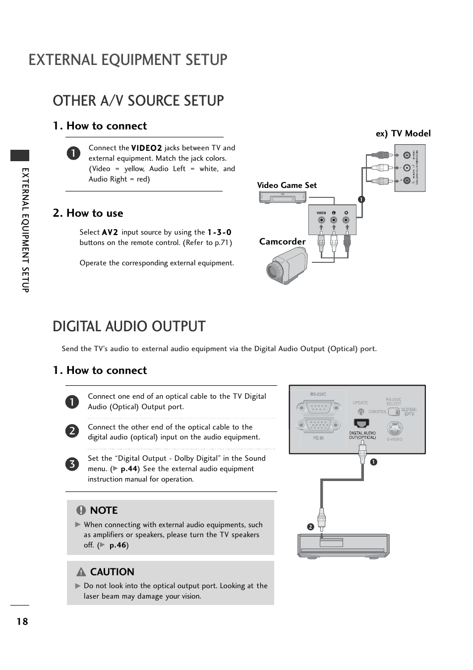 Other a/v source setup, Digital audio output, External equipment setup | How to connect, How to connect 2. how to use, Caution | LG 26LH1DC1 User Manual | Page 18 / 84