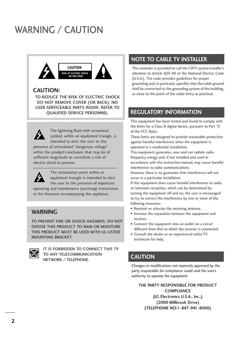 Warning / caution, Regulatory information, Caution | Warning | LG 26LH1DC1 User Manual | Page 2 / 84