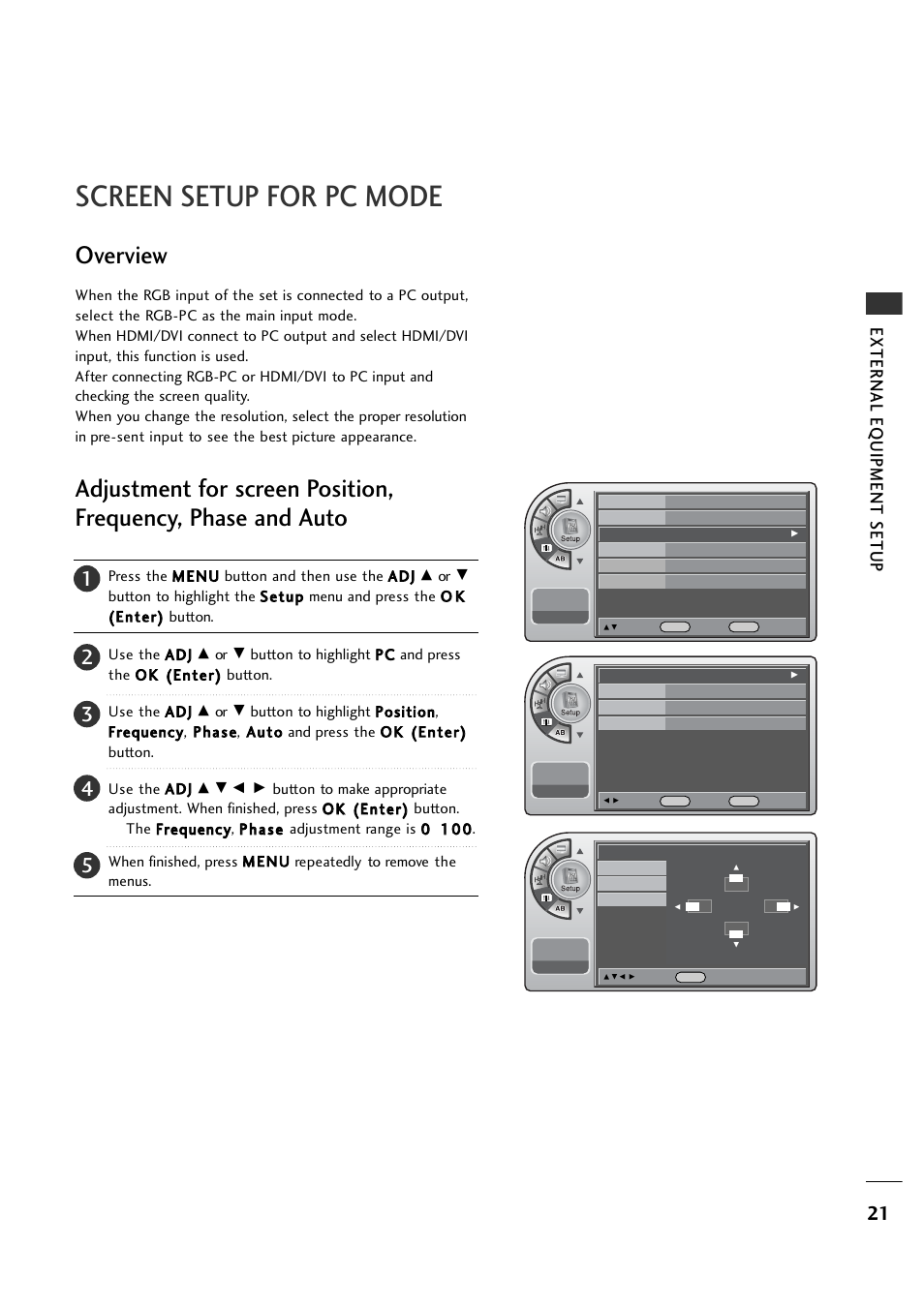 Screen setup for pc mode, External eq uipment setup | LG 26LH1DC1 User Manual | Page 21 / 84