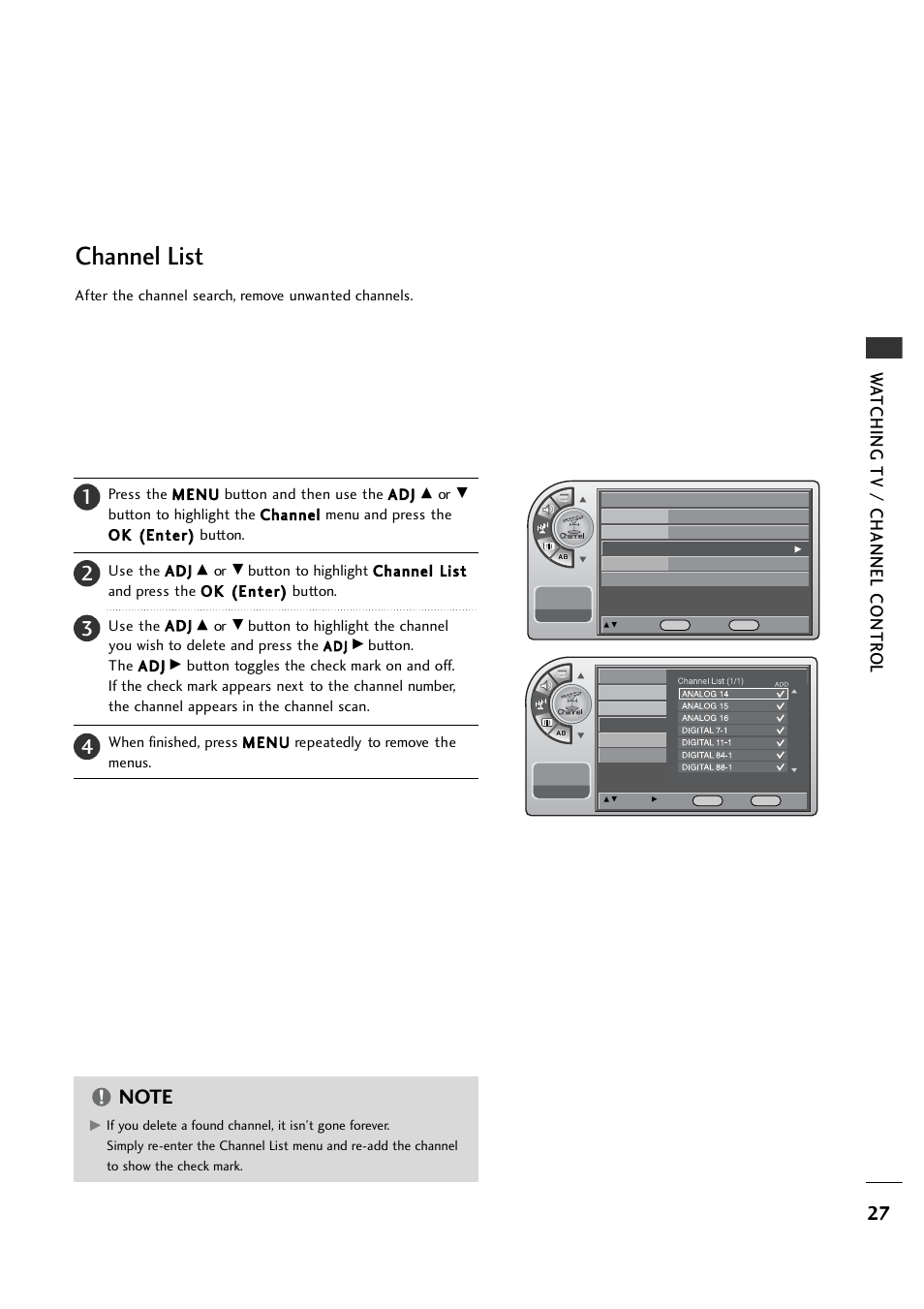 Channel list, Wa tching tv / channel contr o l | LG 26LH1DC1 User Manual | Page 27 / 84