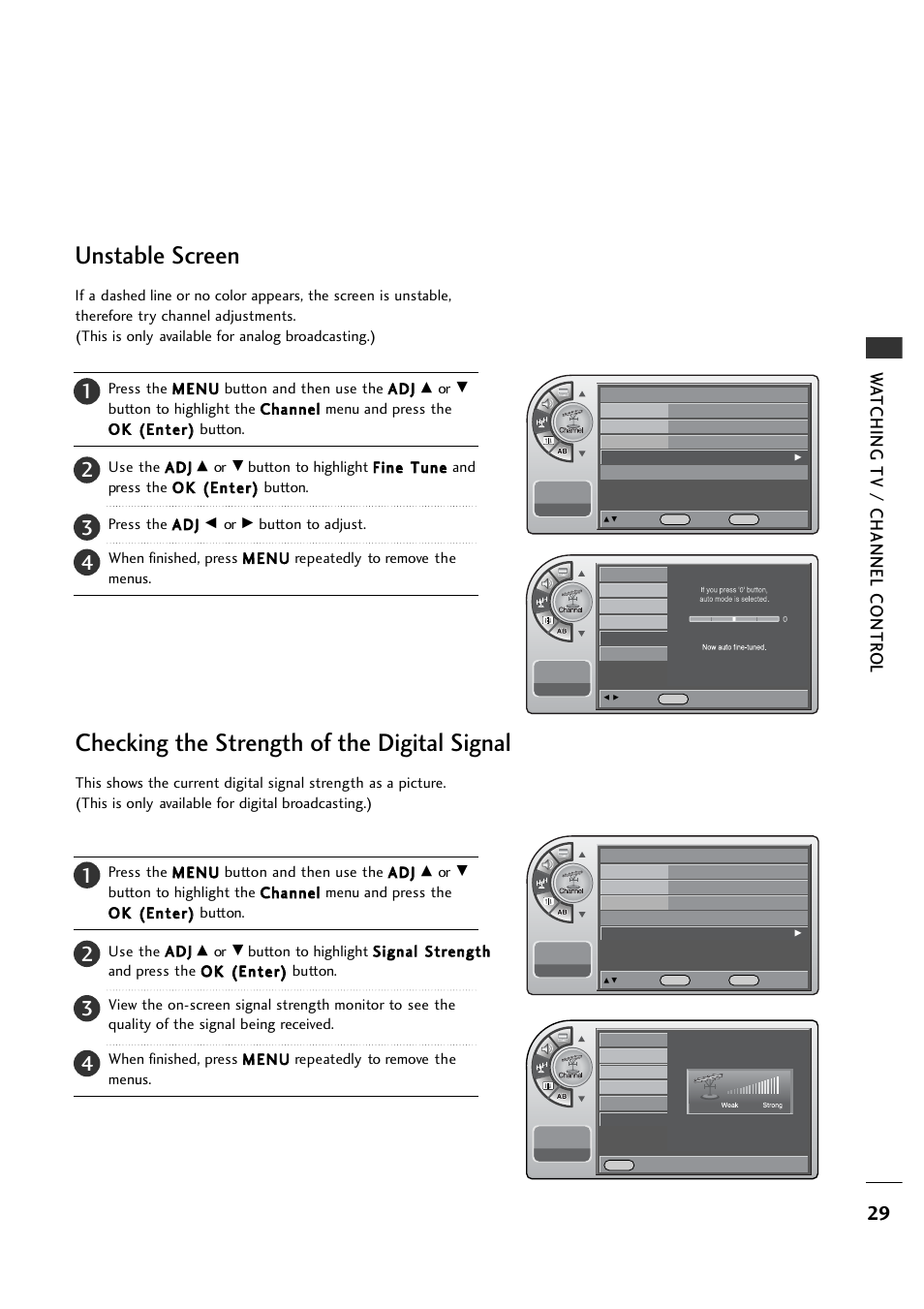 Unstable screen, Checking the strength of the digital signal, Wa tching tv / channel contr o l | LG 26LH1DC1 User Manual | Page 29 / 84