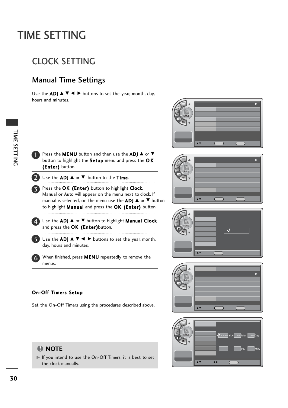 Time setting, Clock setting, Manual time settings | LG 26LH1DC1 User Manual | Page 30 / 84