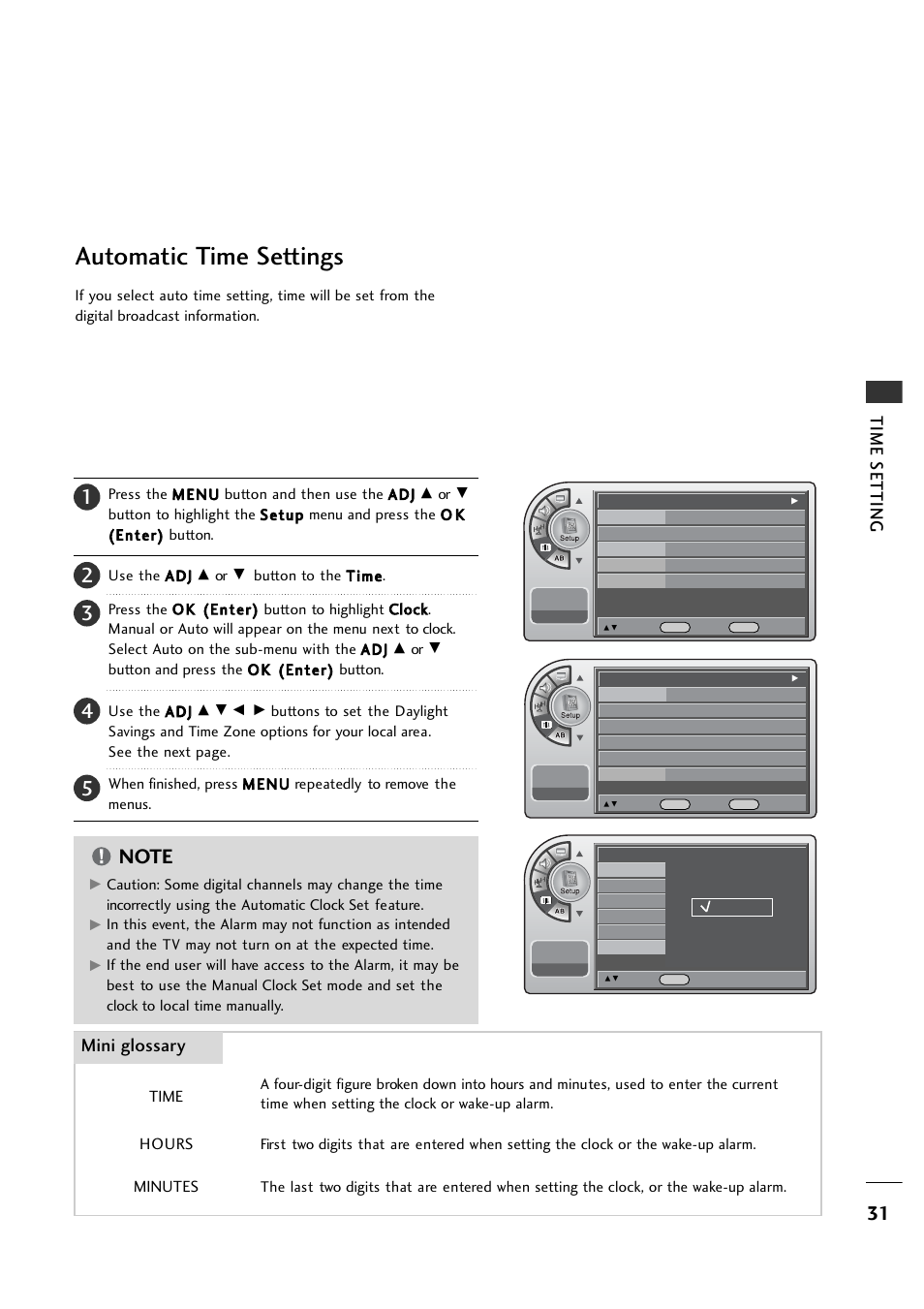 Automatic time settings, Mini glossary, Time setting | LG 26LH1DC1 User Manual | Page 31 / 84