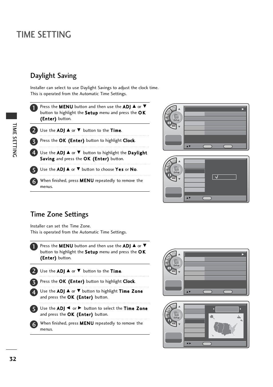 Daylight saving, Time zone settings, Time setting | LG 26LH1DC1 User Manual | Page 32 / 84