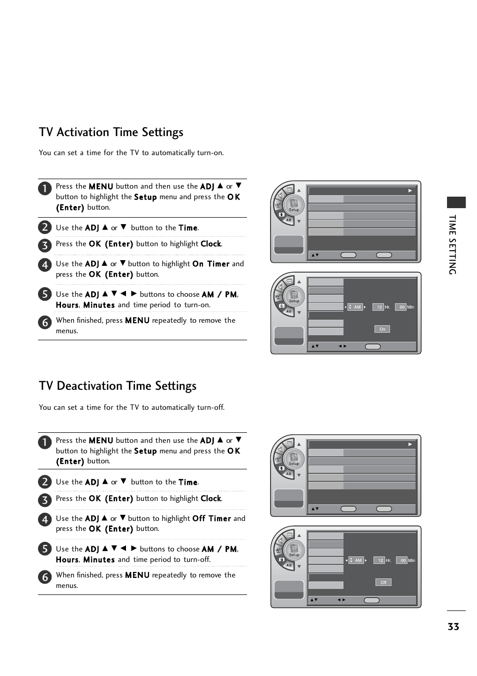 Tv activation time settings, Tv deactivation time settings, Time setting | LG 26LH1DC1 User Manual | Page 33 / 84