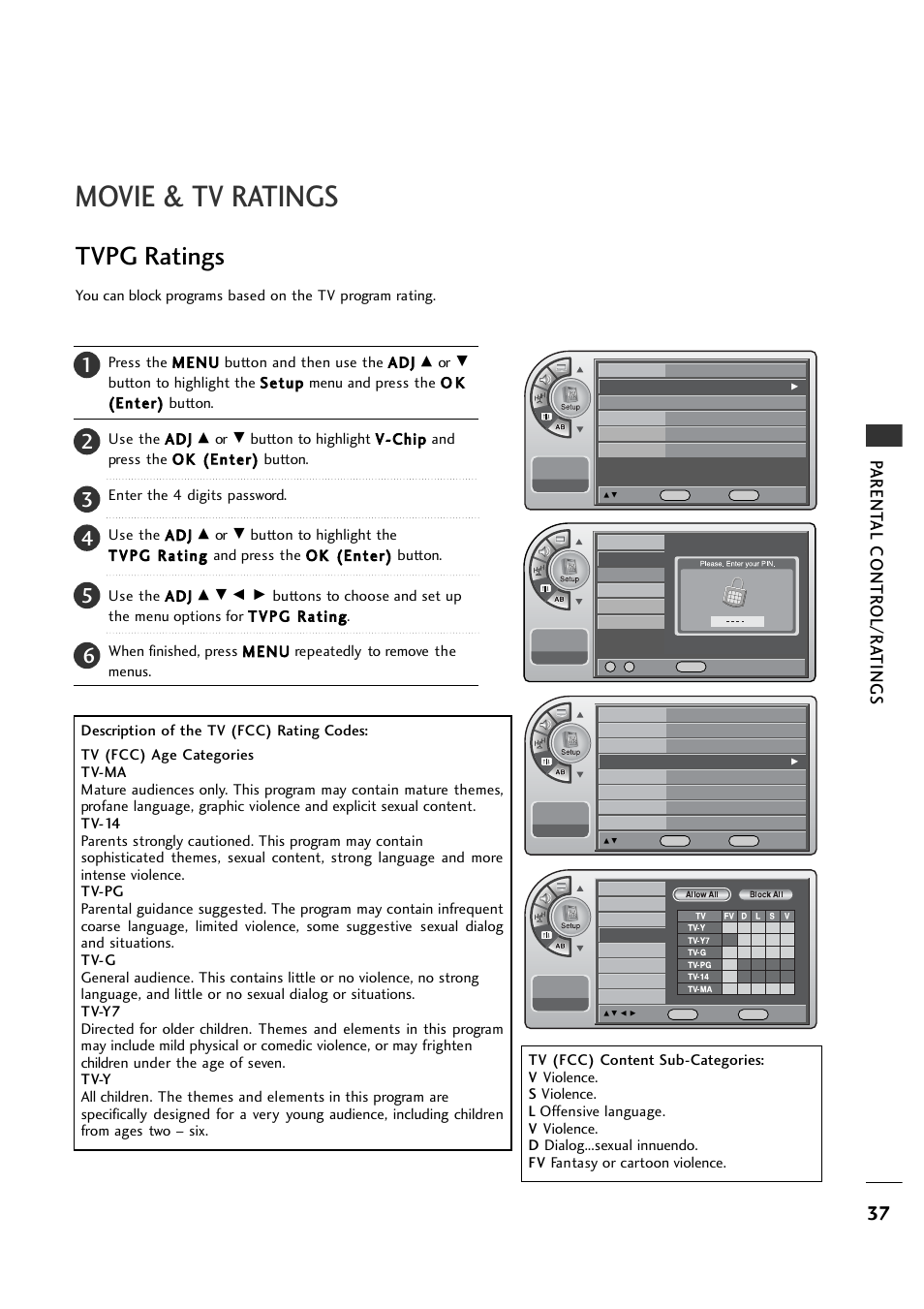 Movie & tv ratings, Tvpg ratings, Parent al contr ol/r a tings | LG 26LH1DC1 User Manual | Page 37 / 84