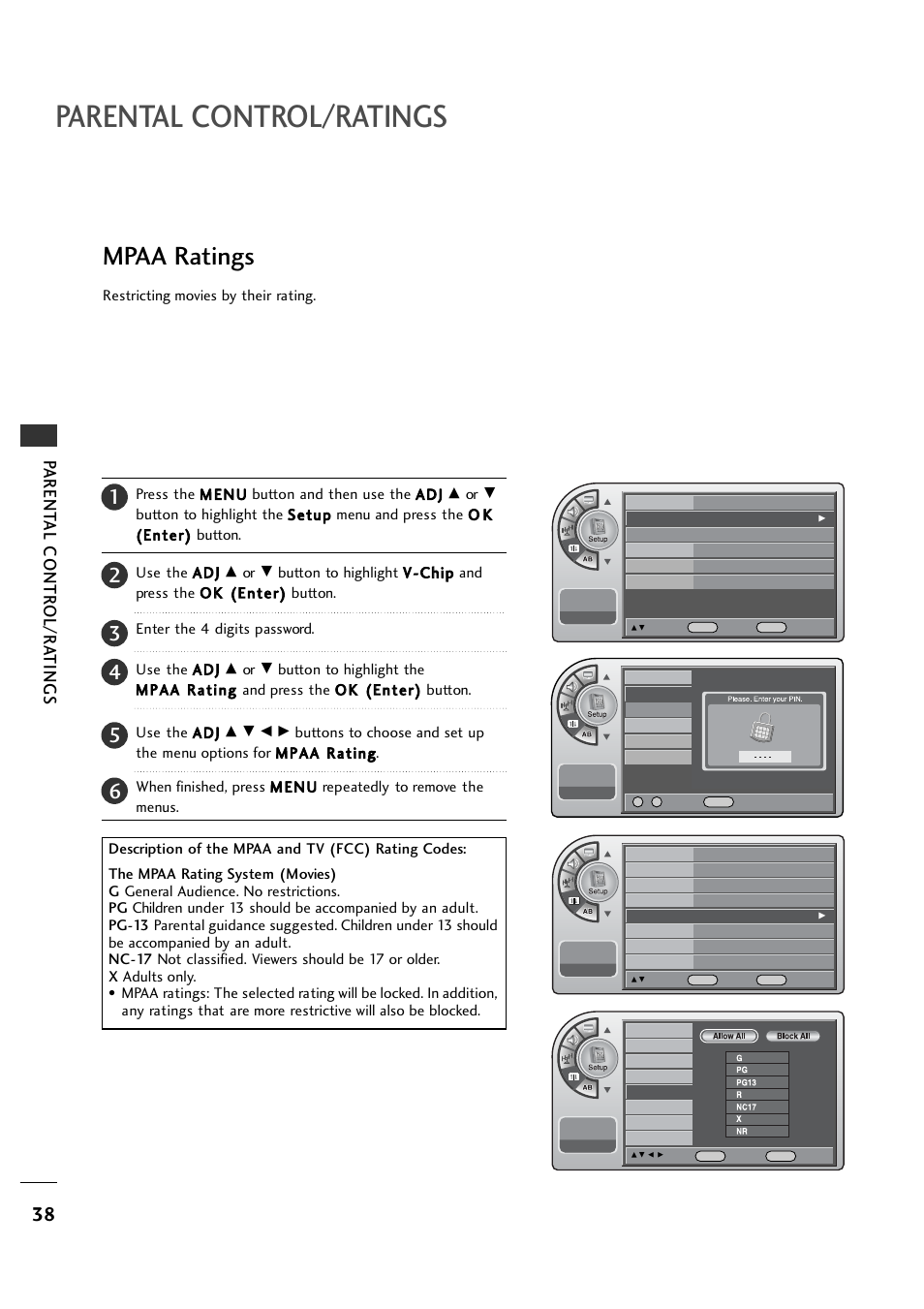 Mpaa ratings, Parental control/ratings, Parent al contr ol/r a tings | LG 26LH1DC1 User Manual | Page 38 / 84