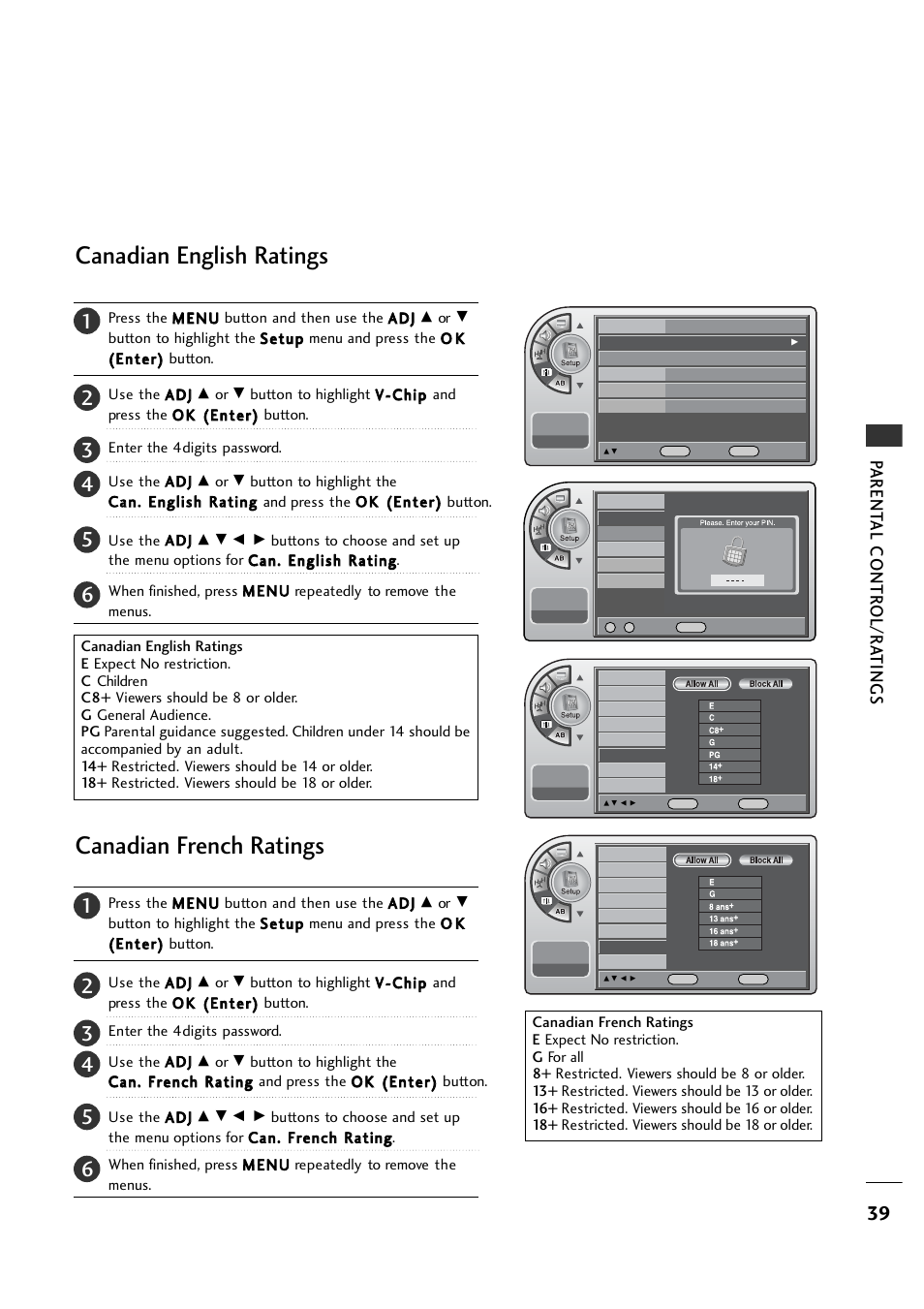 Canadian english ratings, Canadian french ratings, Parent al contr ol/r a tings | LG 26LH1DC1 User Manual | Page 39 / 84