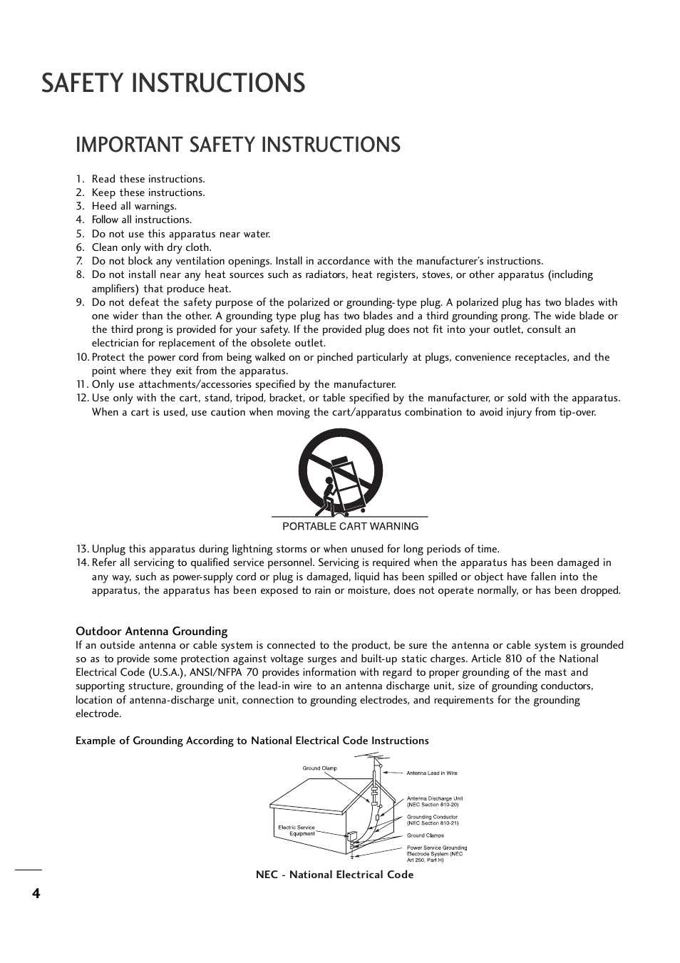 Safety instructions, Important safety instructions | LG 26LH1DC1 User Manual | Page 4 / 84