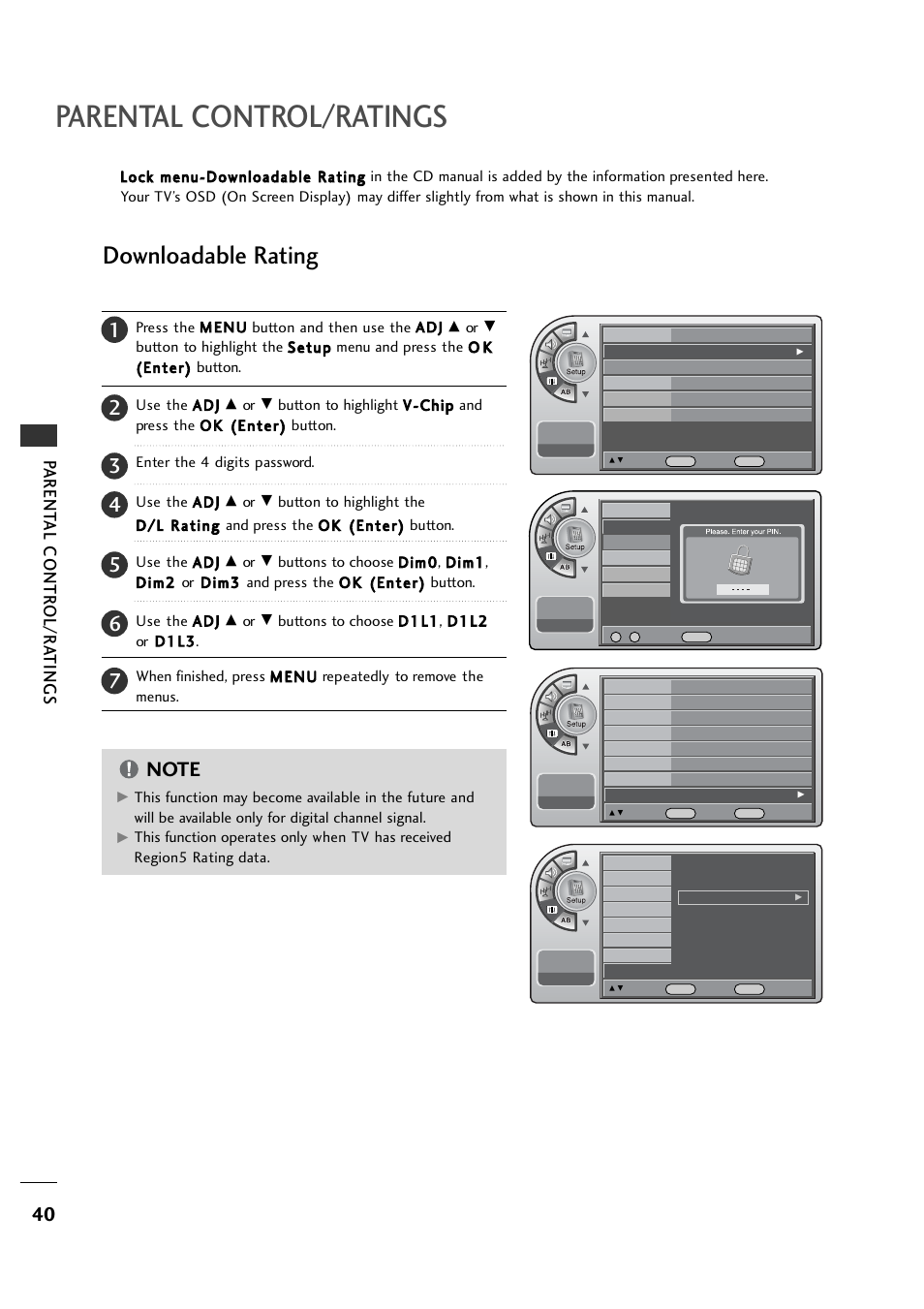 Downloadable rating, Parental control/ratings, Parent al contr ol/r a tings | LG 26LH1DC1 User Manual | Page 40 / 84