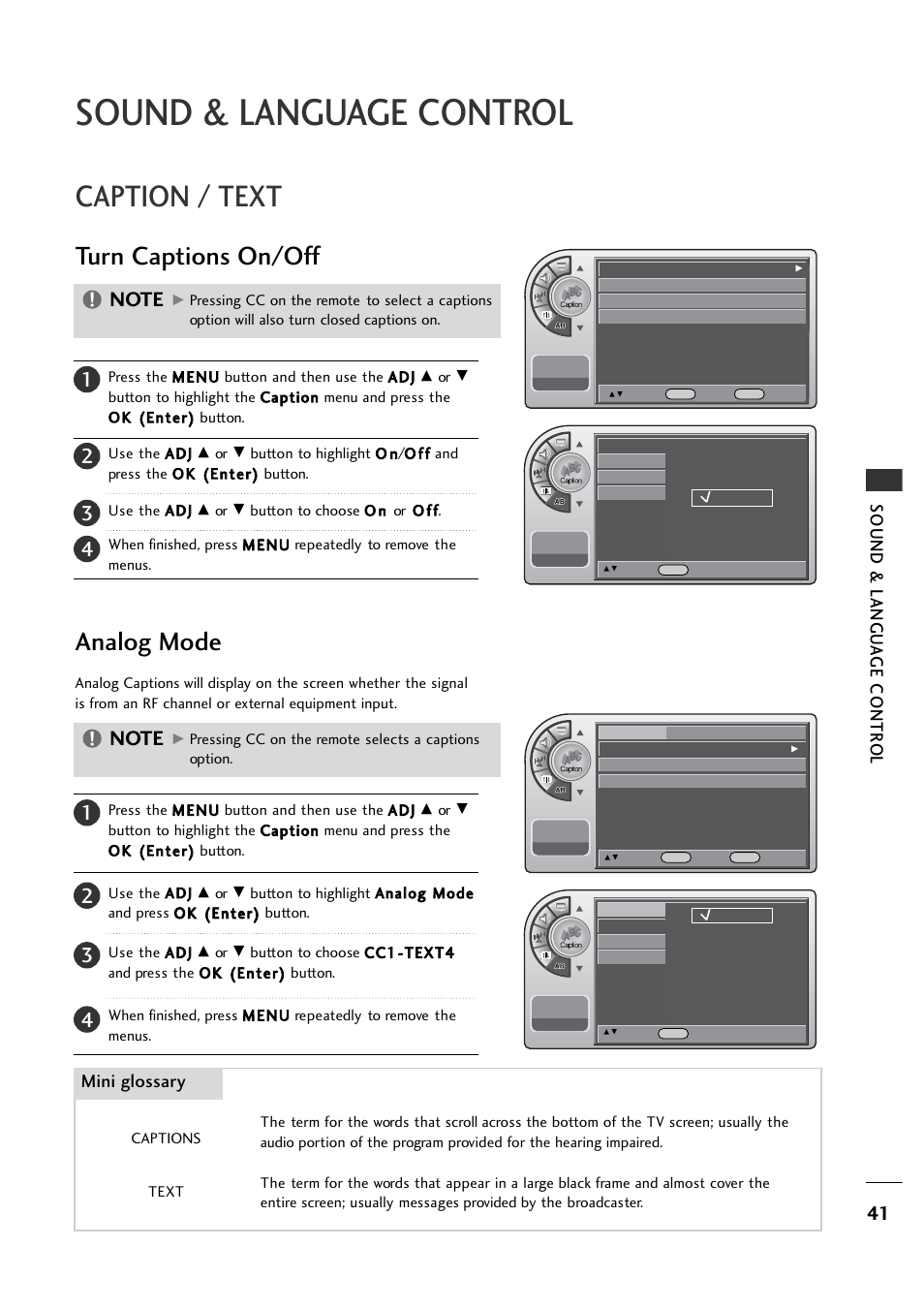 Sound & language control, Caption / text, Turn captions on/off | Analog mode, Turn captions on/off analog mode, Sound & langu a ge contr o l, Mini glossary | LG 26LH1DC1 User Manual | Page 41 / 84