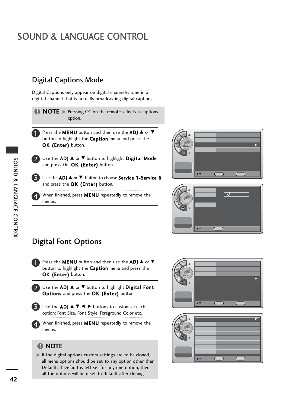 Digital captions mode, Digital font options, Sound & language control | Sound & langu a ge contr o l | LG 26LH1DC1 User Manual | Page 42 / 84