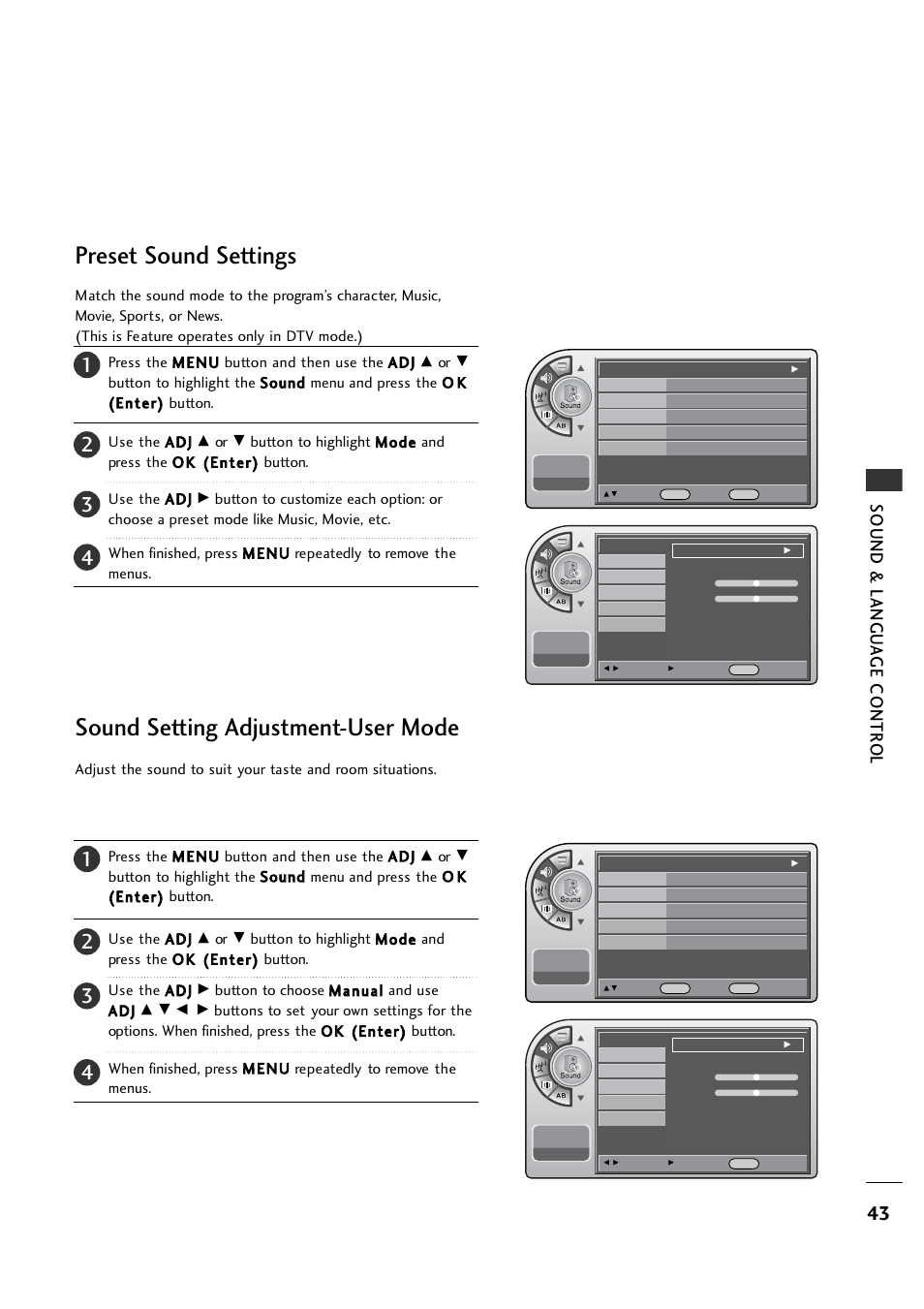 Preset sound settings, Sound setting adjustment-user mode, Sound & langu a ge contr o l | LG 26LH1DC1 User Manual | Page 43 / 84