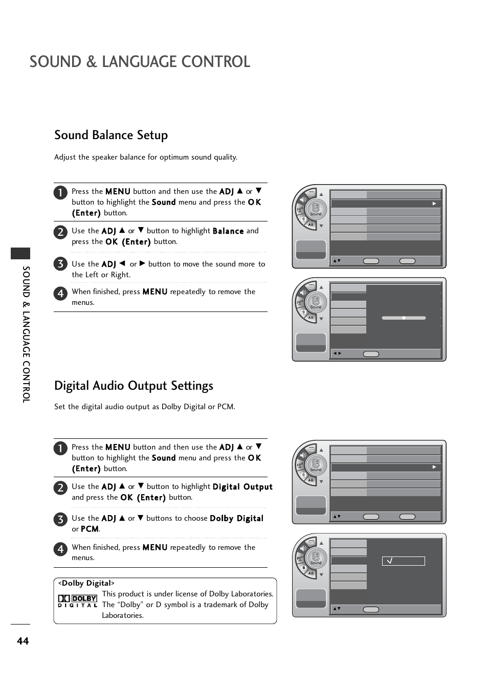 Sound balance setup, Digital audio output settings, Sound & language control | Sound & langu a ge contr o l | LG 26LH1DC1 User Manual | Page 44 / 84
