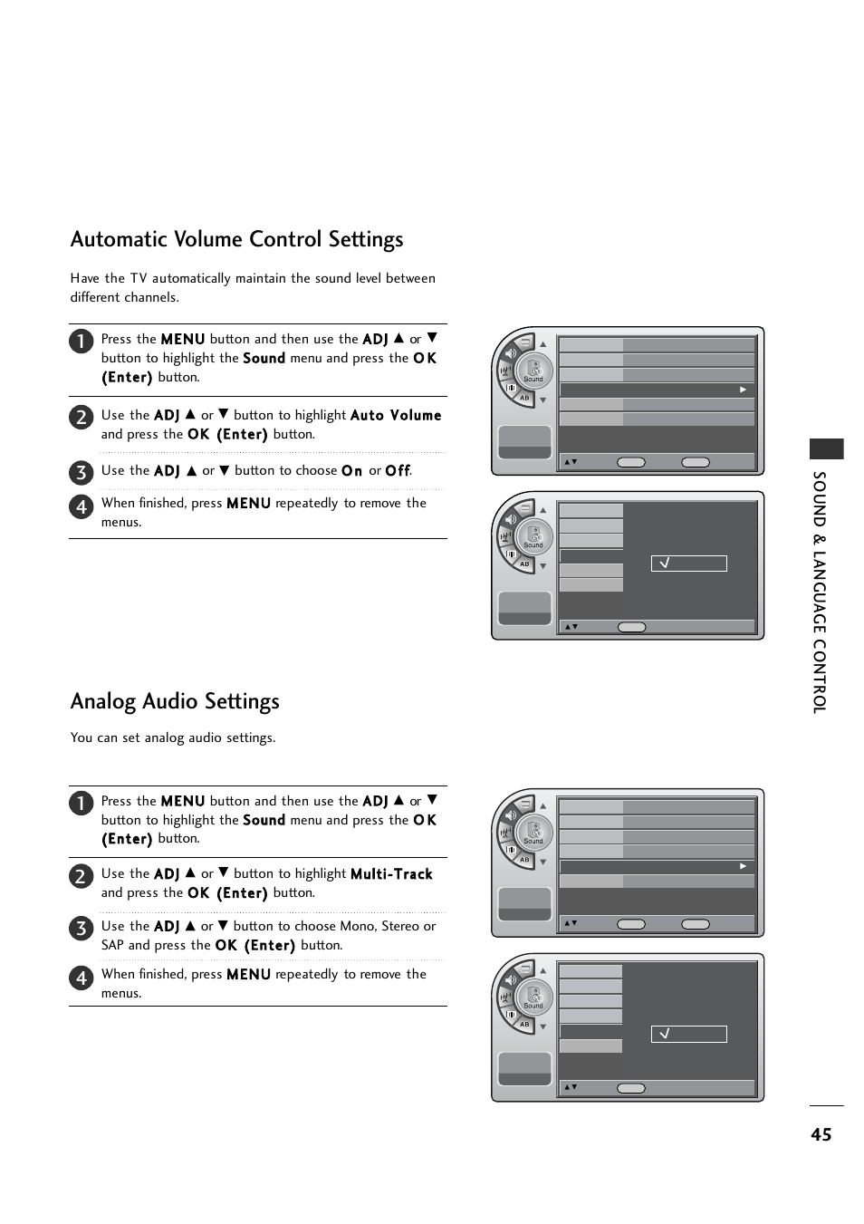 Automatic volume control settings, Analog audio settings, Sound & langu a ge contr o l | LG 26LH1DC1 User Manual | Page 45 / 84