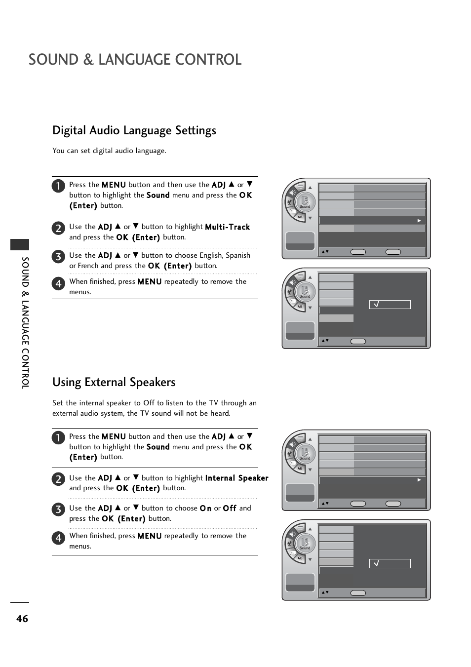 Digital audio language settings, Using external speakers, Sound & language control | Sound & langu a ge contr o l | LG 26LH1DC1 User Manual | Page 46 / 84