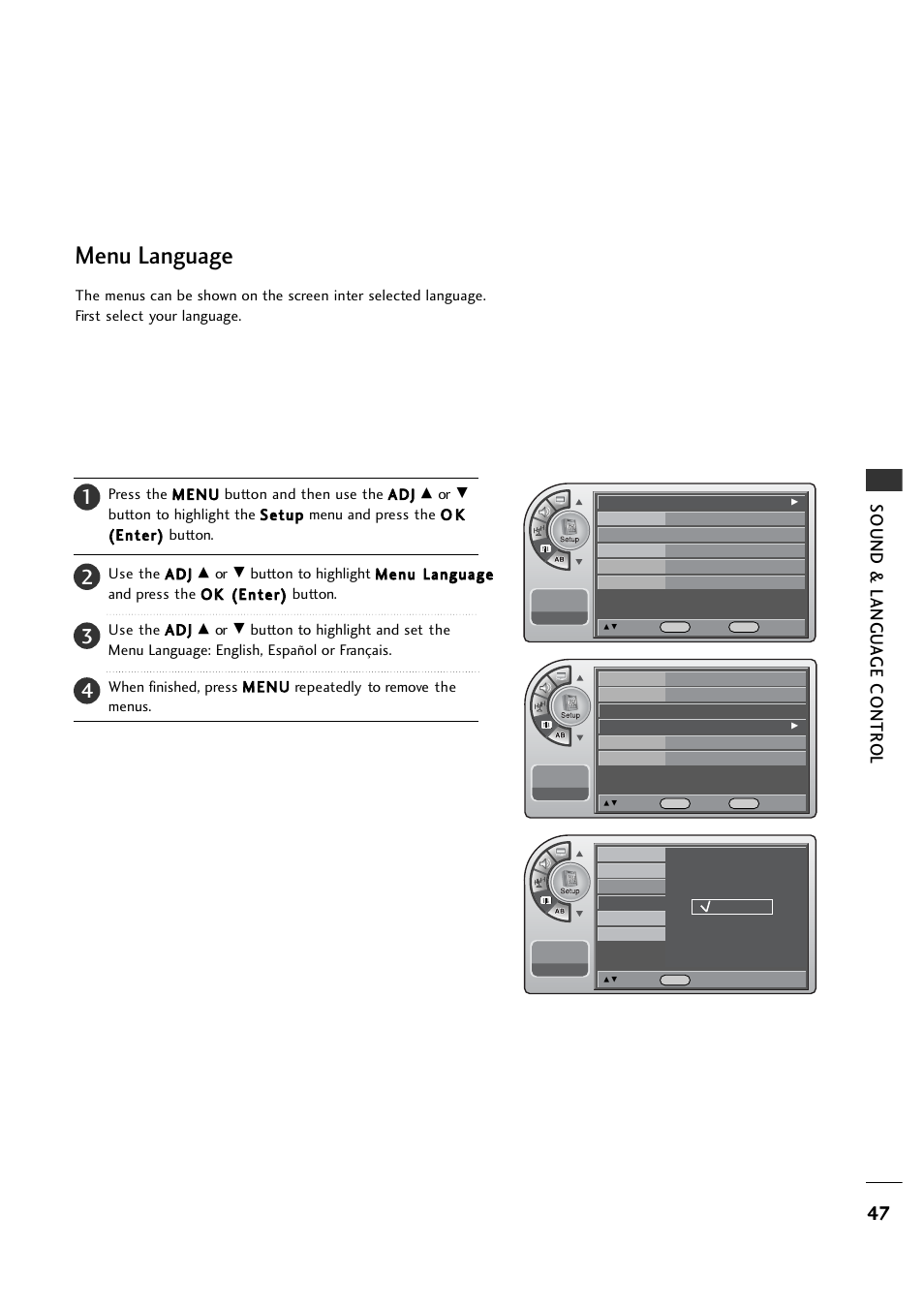Menu language, Sound & langu a ge contr o l | LG 26LH1DC1 User Manual | Page 47 / 84