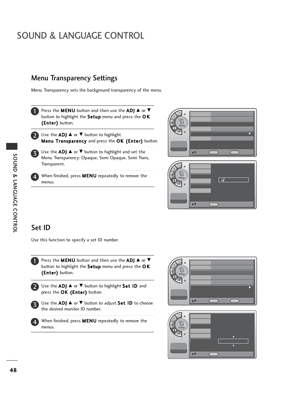 Menu transparency settings, Set id, Sound & language control | Sound & langu a ge contr o l | LG 26LH1DC1 User Manual | Page 48 / 84