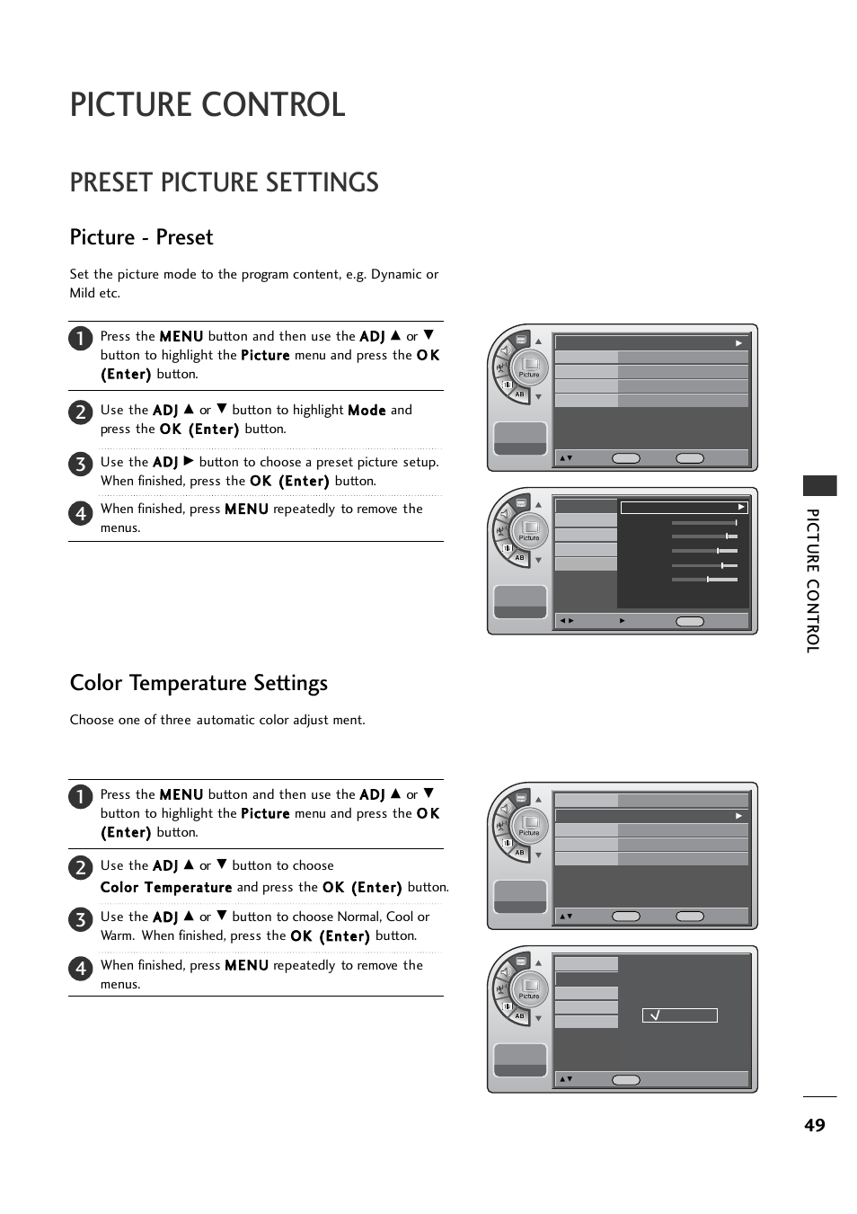 Picture control, Preset picture settings, Picture - preset | Color temperature settings, Picture contr o l | LG 26LH1DC1 User Manual | Page 49 / 84