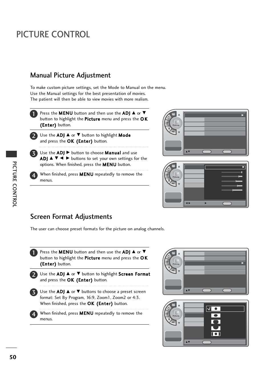 Manual picture adjustment, Screen format adjustments, Picture control | Picture contr o l | LG 26LH1DC1 User Manual | Page 50 / 84