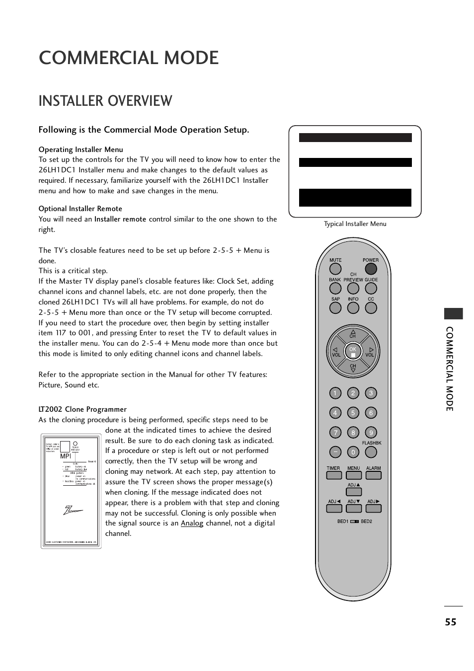 Commercial mode, Installer overview | LG 26LH1DC1 User Manual | Page 55 / 84