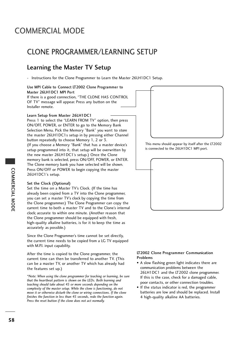 Clone programmer/learning setup, Commercial mode, Learning the master tv setup | Commer cial mode | LG 26LH1DC1 User Manual | Page 58 / 84